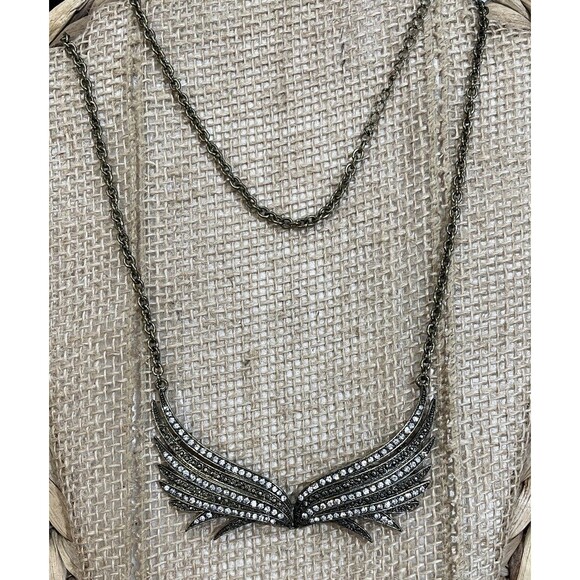 Angel Wings Pendant Necklace Antique Gold CZ Rhinestones Whimsigoth Fairy Grunge - Picture 1 of 8